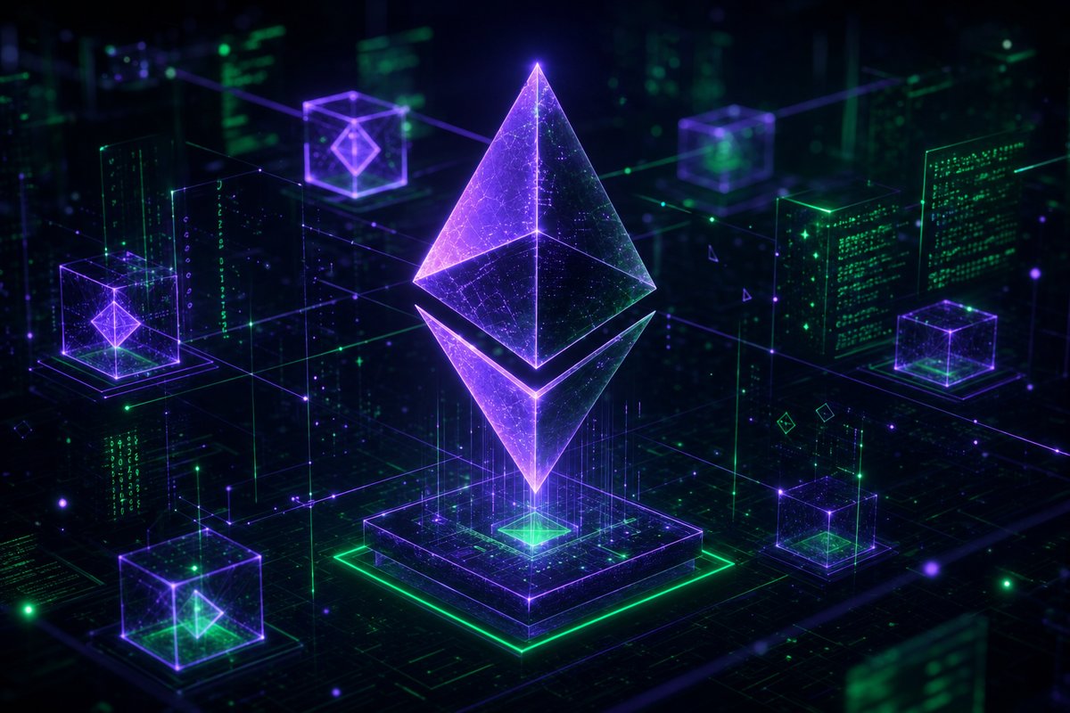 Ethereum-Netzwerk mit verbundenen Knoten und Smart-Contract-Symbolen